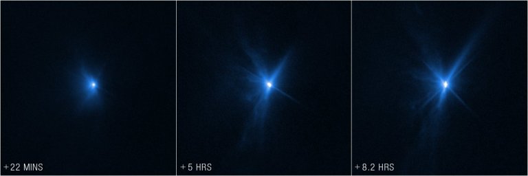 Imagens do Hubble e Webb mostram impacto da sonda no asteroide
