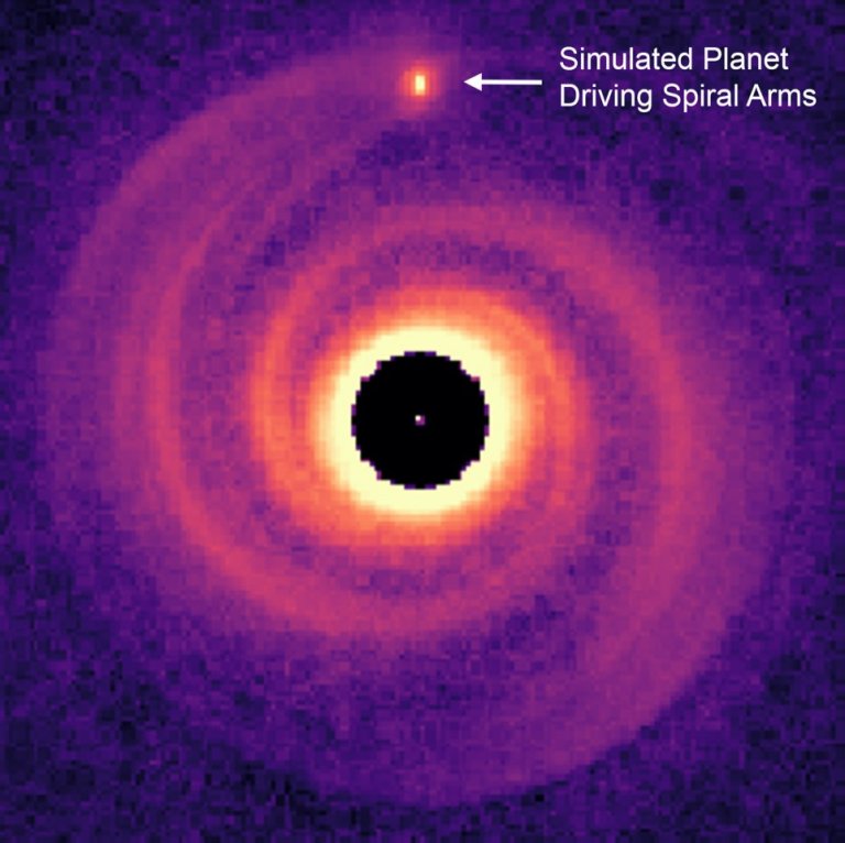 Planeta mais vermelho há visto cria braços espirais ao redor de sua estrela